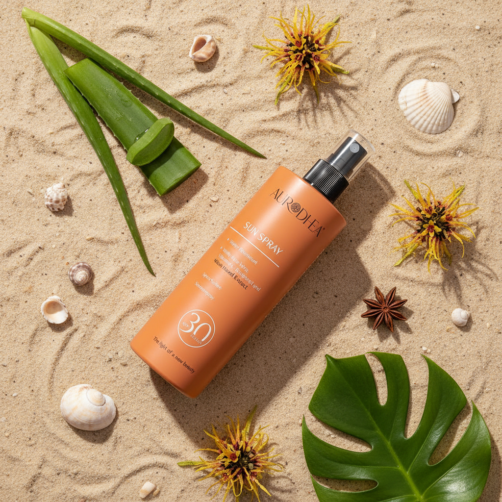 Aurodhea Sun Spray flat lay ingrediënten